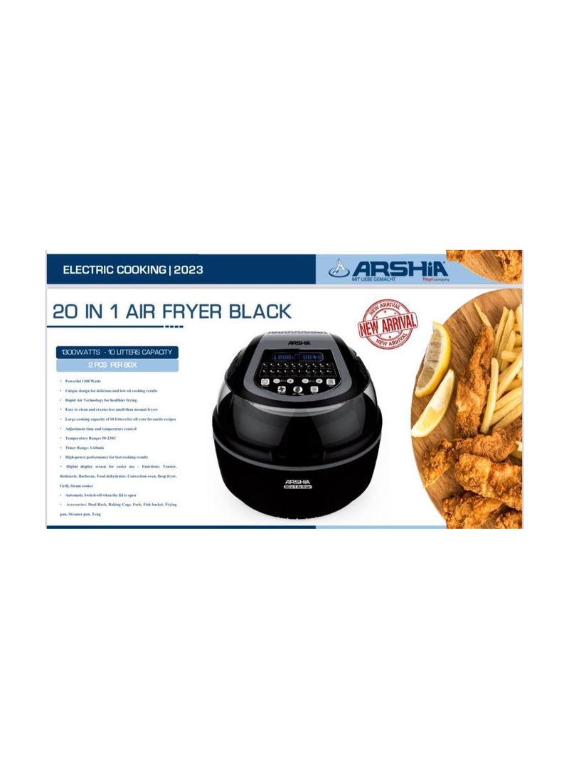 Arshia - Arshia Multipurpose 20 in 1 Air Fryer with Digital Display Functions 10 Litre Black AF145-2231 - Image 1