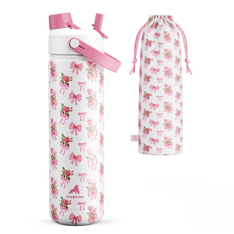POWCAN 26 oz Insulated Water Bottle with 2-in-1 Straw and Spout Lid, Keep Cold 24H, Leak-Proof, Fits in Car Cup Holder, Stainless Steel Water Bottle for Sports, Travel, Gift, and School (Rosy Bouquet) - Image 1