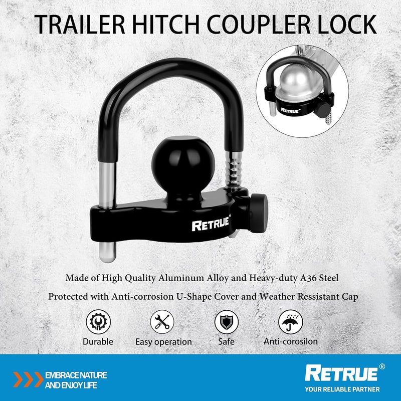 RETRUE Universal Trailer Ball Lock Hitch Coupler Locks Fits 1-7/8 Inch, 2 Inch, 2-5/16 Inch Couplers Adjustable Security with Weatherproof Cover and Cap, Black - Image 2