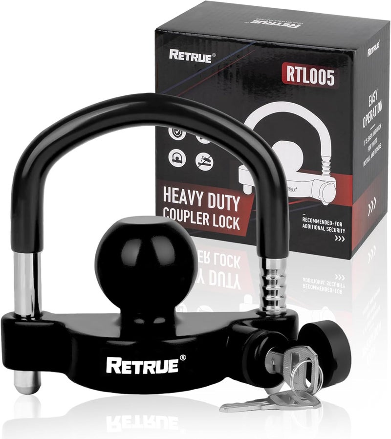 RETRUE Universal Trailer Ball Lock Hitch Coupler Locks Fits 1-7/8 Inch, 2 Inch, 2-5/16 Inch Couplers Adjustable Security with Weatherproof Cover and Cap, Black - Image 1