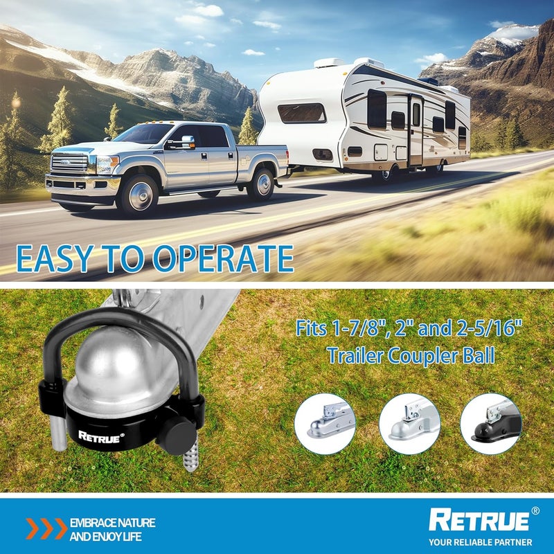 RETRUE Universal Trailer Ball Lock Hitch Coupler Locks Fits 1-7/8 Inch, 2 Inch, 2-5/16 Inch Couplers Adjustable Security with Weatherproof Cover and Cap, Black - Image 3