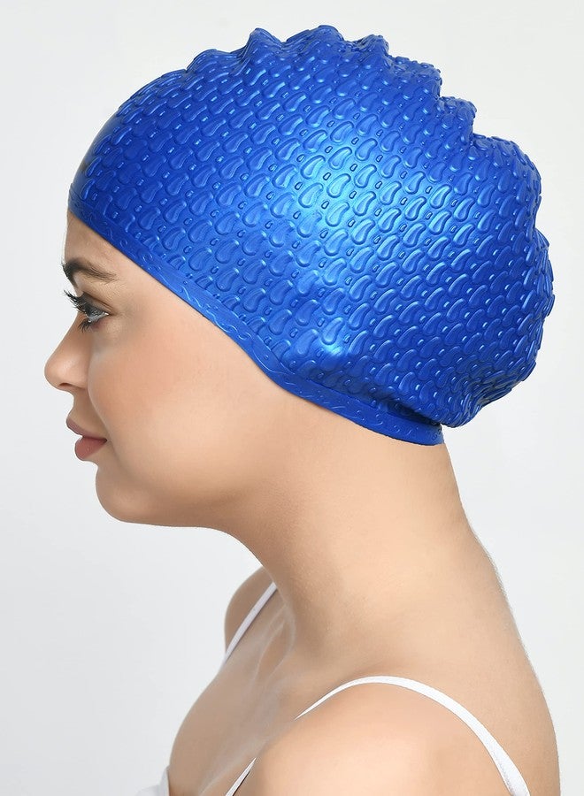 SHIFTER Swimming Cap for Long Hair Women Men Free Size 100% Silicone Anti Slip Material-Long Bubble (Blue) - Image 3
