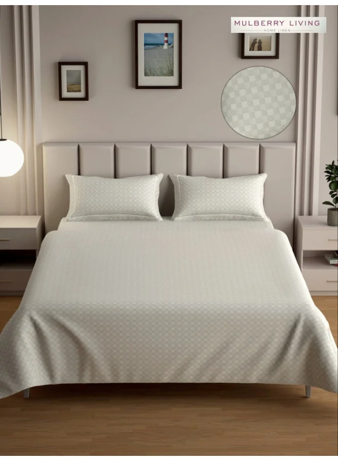 MULBERRY LIVING 100% Cotton - 300Tc Urban Grid Queen Size (250X260 Cms) Flat Bedsheet With 2 Pillow Covers (50X75 Cm) - Ivory