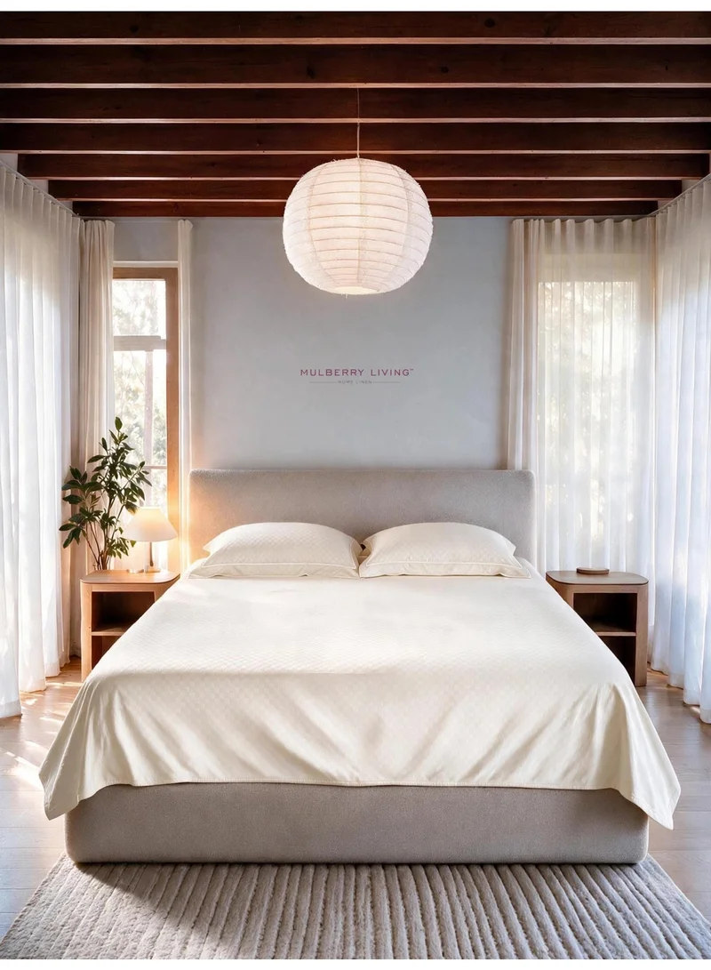 Mulberry Living 100% Cotton Queen Flat Bedsheet with 2 Pillow covers - 300Tc Urban Grid - Ivory