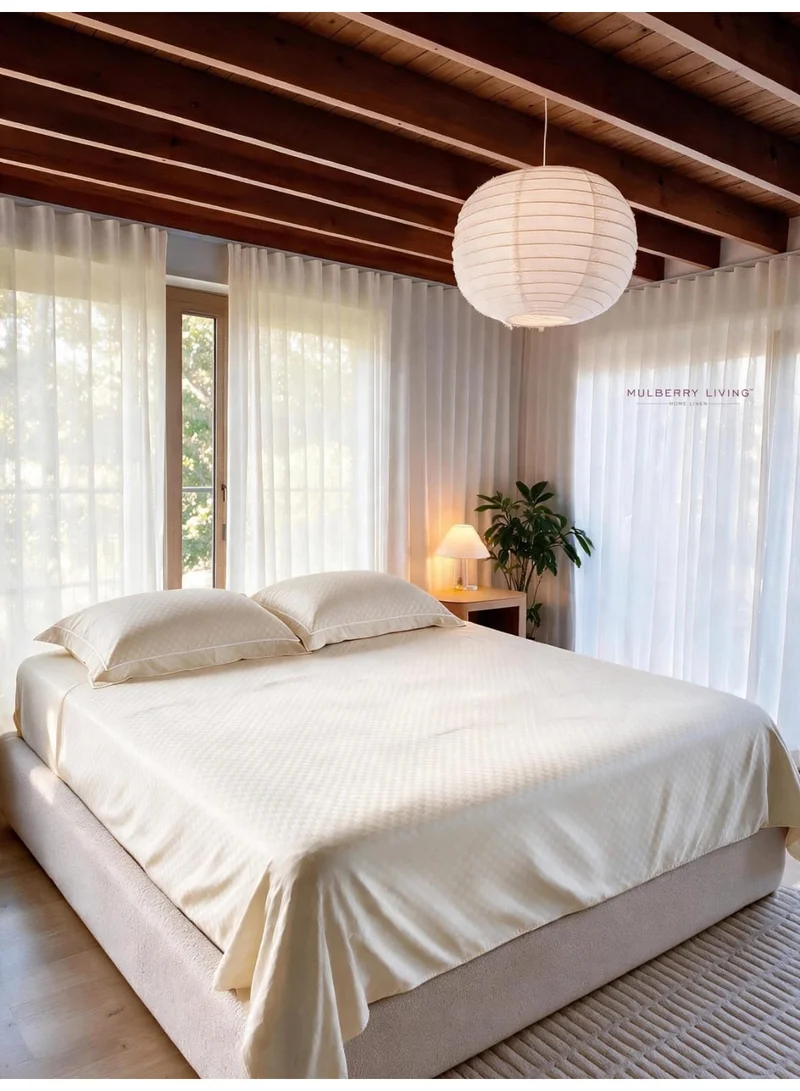 Mulberry Living 100% Cotton Queen Flat Bedsheet with 2 Pillow covers - 300Tc Urban Grid - Ivory