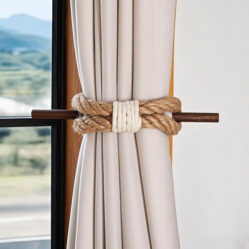 JELUTRIC Curtain Tiebacks Farmhouse Holdbacks,Nautical Boho Rustic Curtain Holders,Cotton Jute Rope with Wood Club,Wood Vintage Natural Woven Curtain Ties for Window Drapery 2Pcs - Image 1