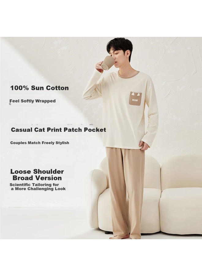 Top melon Ding Guagua Men's And Women's Cotton Spring And Autumn Home Wear Long Sleeve Printed Pajamas Men's Set Milkshake White Men 180 - Image 3