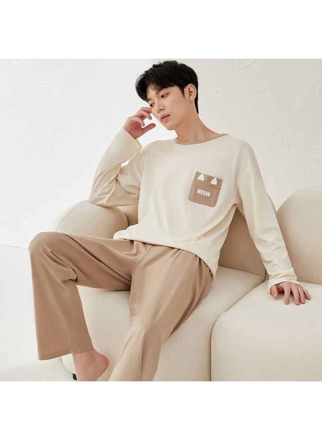 Top melon Ding Guagua Men's And Women's Cotton Spring And Autumn Home Wear Long Sleeve Printed Pajamas Men's Set Milkshake White Men 180 - Image 1