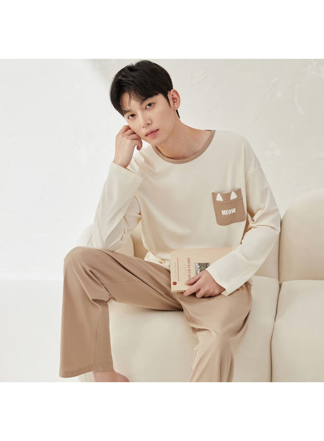 Top melon Ding Guagua Men's And Women's Cotton Spring And Autumn Home Wear Long Sleeve Printed Pajamas Men's Set Milkshake White Men 180 - Image 2