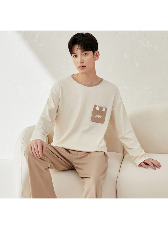 Top melon Ding Guagua Men's And Women's Cotton Spring And Autumn Home Wear Long Sleeve Printed Pajamas Men's Set Milkshake White Men 180 - Image 5