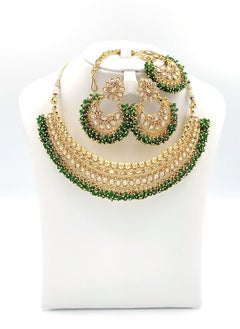 GOHONA Royal Bling Bollywood Traditional Indian Jewelry Necklace With Earrings & Tikks Set Green color