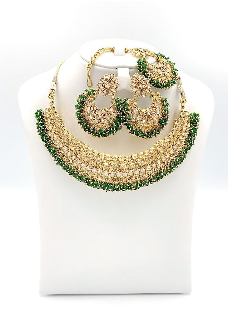 GOHONA - GOHONA Royal Bling Bollywood Traditional Indian Jewelry Necklace With Earrings & Tikks Set Green color - Image 1