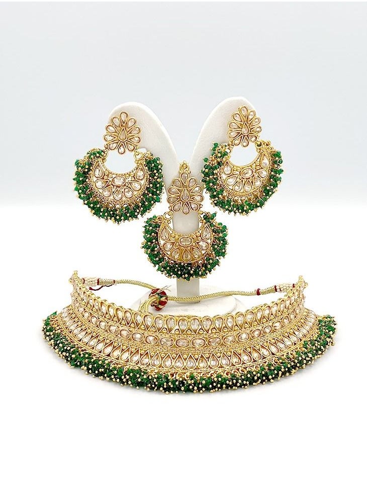 GOHONA - GOHONA Royal Bling Bollywood Traditional Indian Jewelry Necklace With Earrings & Tikks Set Green color - Image 1