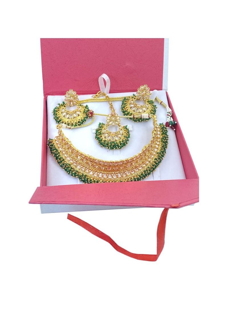 GOHONA - GOHONA Royal Bling Bollywood Traditional Indian Jewelry Necklace With Earrings & Tikks Set Green color - Image 1