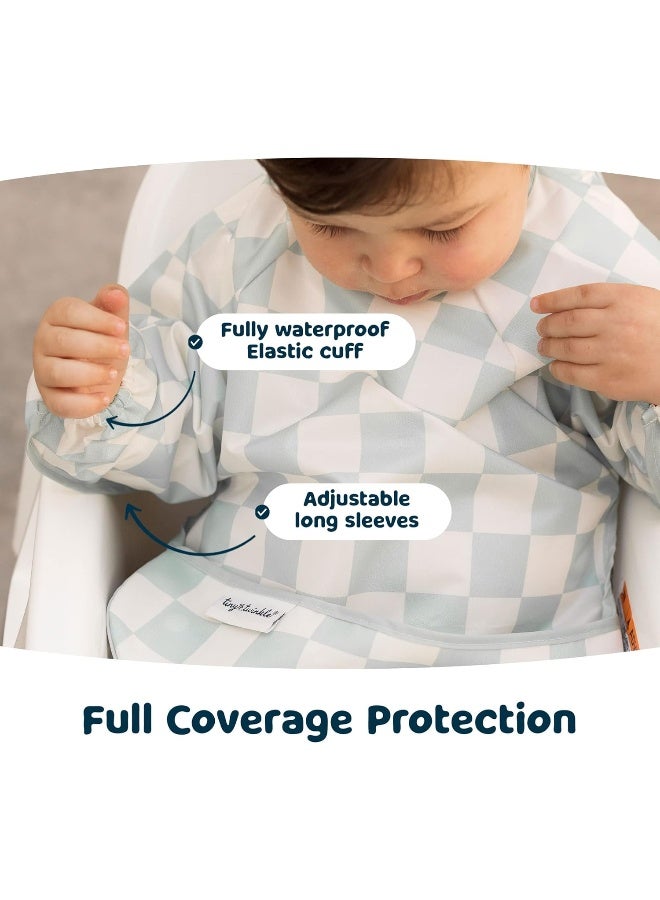 Tiny Twinkle Mess Proof Baby Bib,Waterproof Smock Baby Bib for Eating,Machine Washable Long Sleeve Bib,Baby Led Weaning,Toddler Bib,BLW Supplies(Checkers Sage, Small 6-24 Months) - Image 3