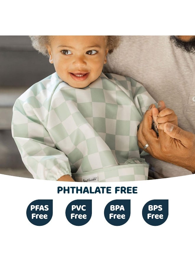 Tiny Twinkle Mess Proof Baby Bib,Waterproof Smock Baby Bib for Eating,Machine Washable Long Sleeve Bib,Baby Led Weaning,Toddler Bib,BLW Supplies(Checkers Sage, Small 6-24 Months) - Image 2