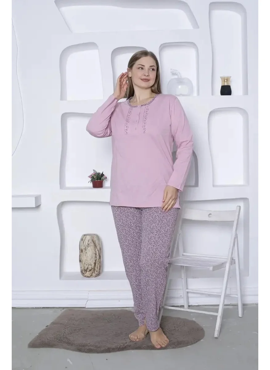 Bie'S Heart Floral Patterned Plus Size Women's Long Sleeve Pajama Set - Cotton Seasonal 3 Buttons