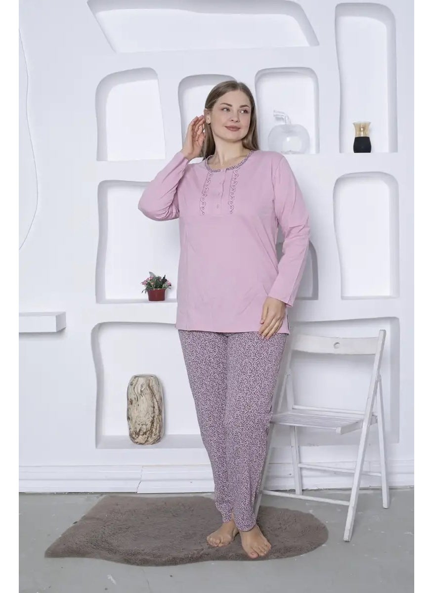 Bie's Heart Floral Patterned Plus Size Women's Long Sleeve Pajama Set - Cotton Seasonal 3 Buttons  - Image 1