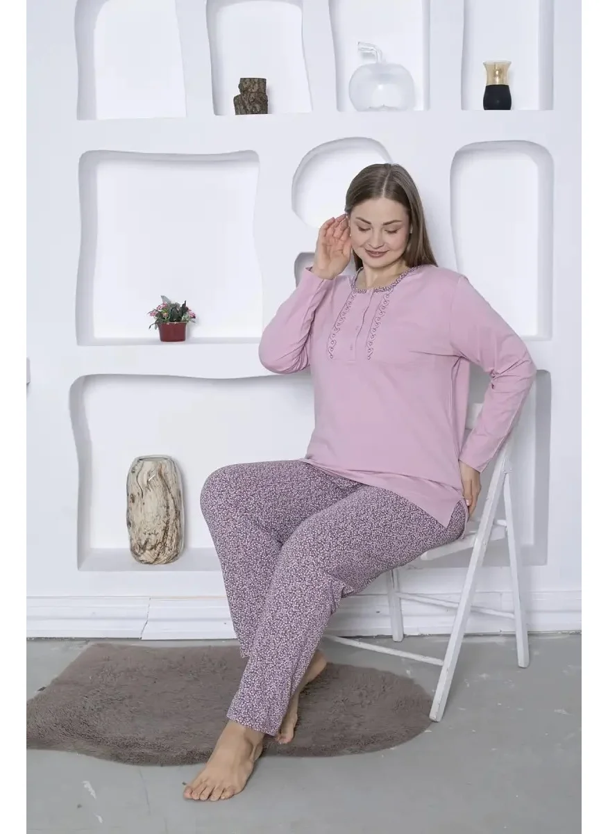 Bie'S Heart Floral Patterned Plus Size Women's Long Sleeve Pajama Set - Cotton Seasonal 3 Buttons