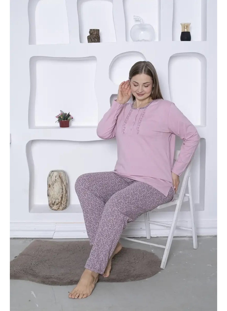 Bie's Heart Floral Patterned Plus Size Women's Long Sleeve Pajama Set - Cotton Seasonal 3 Buttons  - Image 2