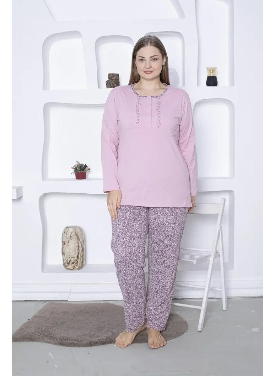 Bie's Heart Floral Patterned Plus Size Women's Long Sleeve Pajama Set - Cotton Seasonal 3 Buttons  - Image 3
