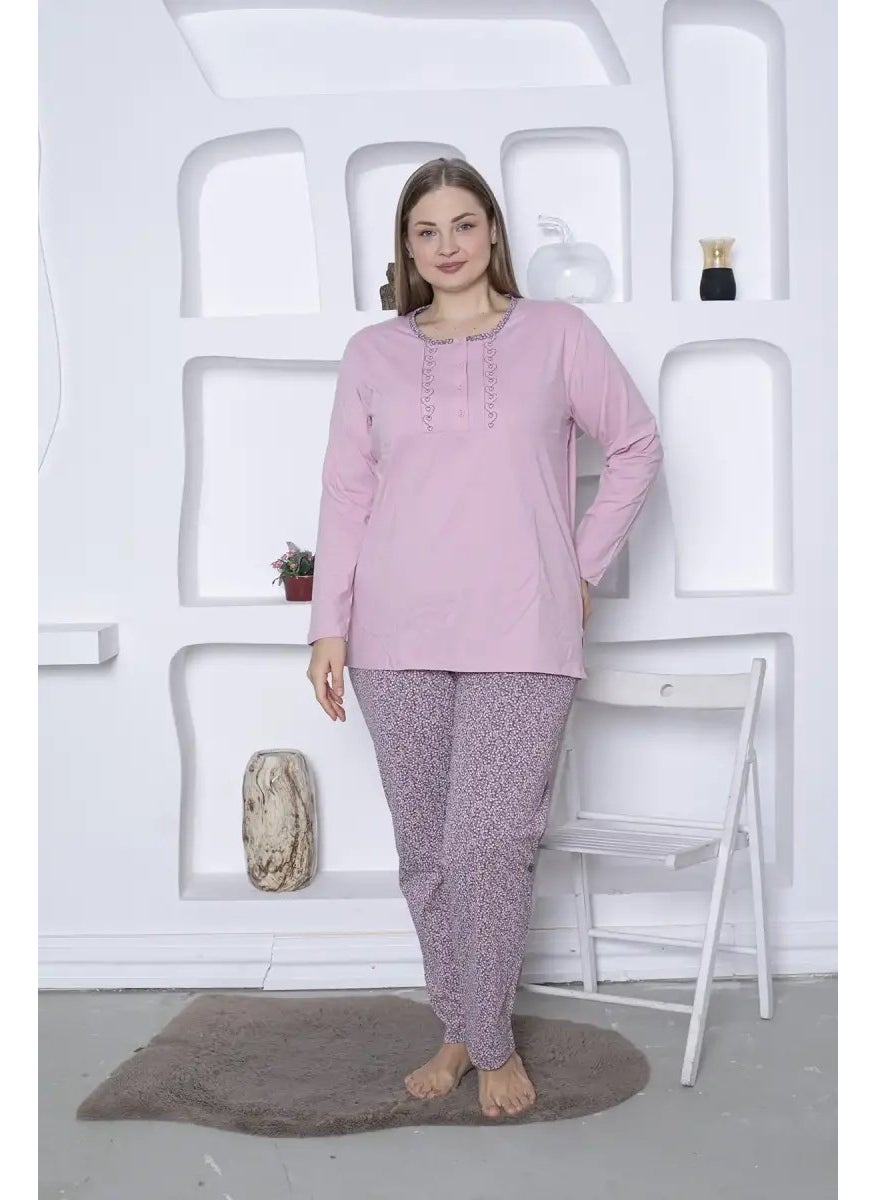 Bie's Heart Floral Patterned Plus Size Women's Long Sleeve Pajama Set - Cotton Seasonal 3 Buttons  - Image 4
