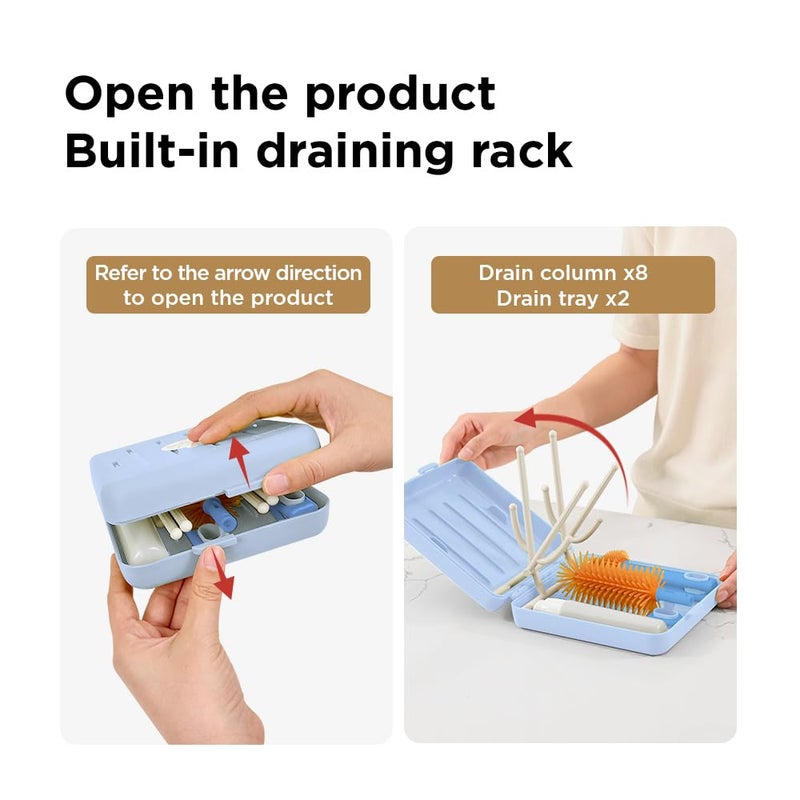 YOTIME Travel Bottle Brush Set, Auto-Open Rack & Vertical Brushs Drying Slots, 3 Brushes, Foldable Drying Rack, Dispenser, Travel Baby Essentials for On-The-Go Parents, Transparent Coffee - Image 4