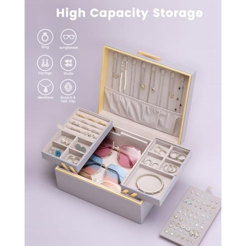 2-Layer Jewelry Box Organizer for Women, Large PU Leather Jewelry Case with Cloud Design, Foldable Retractable Storage for Necklaces Earrings Rings Bracelets -Haze Purple Jewellery Storage Case, Necklace Earrings Rings Bracelets Holder, Cnristmas Birthday Gifts for Mom Teen Girls Daughter - Image 4