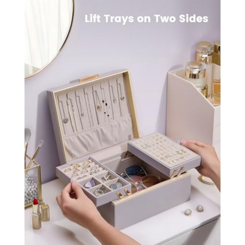 2-Layer Jewelry Box Organizer for Women, Large PU Leather Jewelry Case with Cloud Design, Foldable Retractable Storage for Necklaces Earrings Rings Bracelets -Haze Purple Jewellery Storage Case, Necklace Earrings Rings Bracelets Holder, Cnristmas Birthday Gifts for Mom Teen Girls Daughter - Image 2
