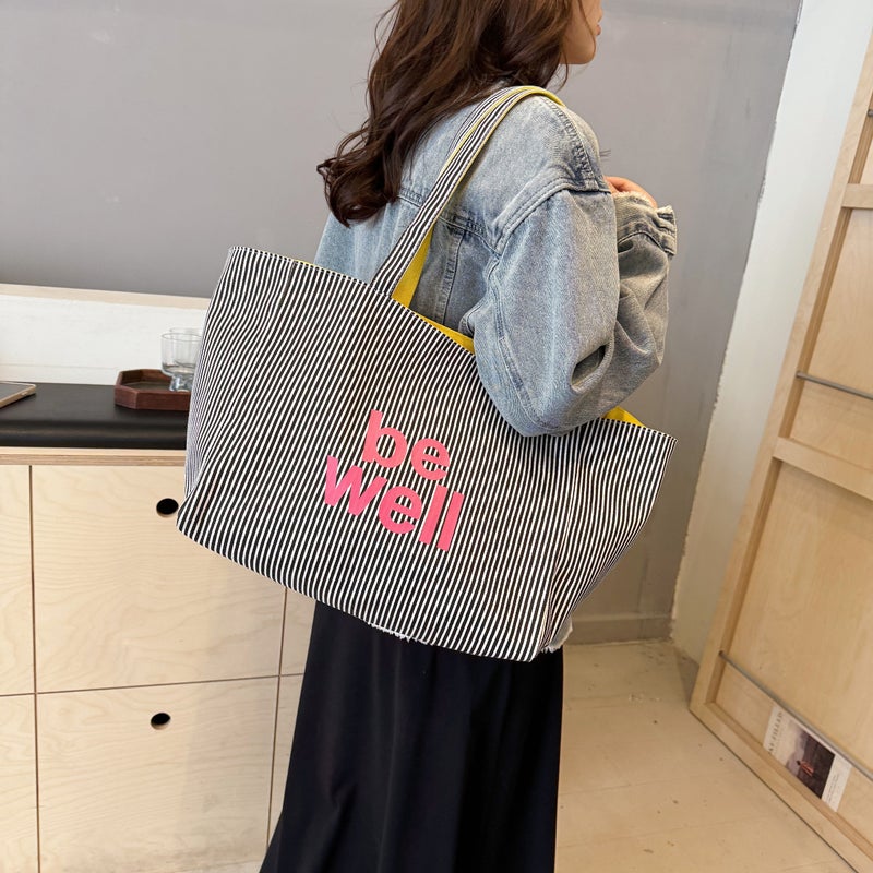 Canvas Bag Women'S Double Back Striped Large Capacity Tote Bag Summer Simple Casual Shoulder Bag All-Match