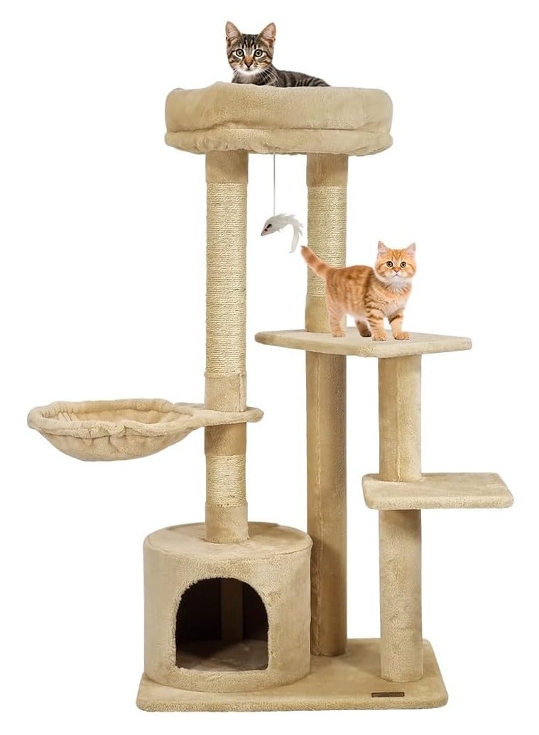 أن ان سي بيتس شجرة قطط متعددة المستويات للقطط الداخلية، برج قطط كبير مع أرجوحة مريحة، ومكان مخصص للقطط، وفأر معلق، ومركز أنشطة للقطط مع عمود خدش من السيزال، ومجثم مبطن ناعم، وسهل التجميع (بيج) - Image 1