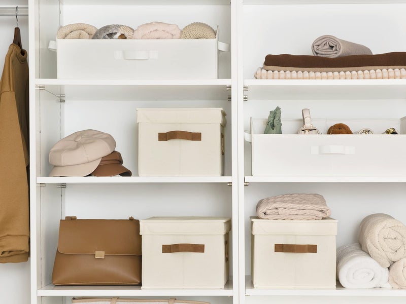 StorageWorks صناديق تخزين كبيرة من ستوراج ووركس مع أغطية، صناديق تخزين زخرفية مع غطاء ومقابض PU، سلال تخزين قابلة للطي للخزائن، الرفوف، قابلة للتكديس، عاجي، 3-pack - Image 4