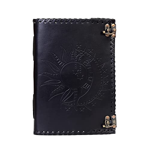 CREATIVE LEATHER ART Vintage Leather Journal with Sun & Moon Design – Handmade Lock Diary Notebook, 7 x 5 Inch Writing Journal, Rustic Travel Journal for Men & Women, Gift for Writers, Sketchbook, Gratitude Journal (Black, 10x7 Inch) - Image 2