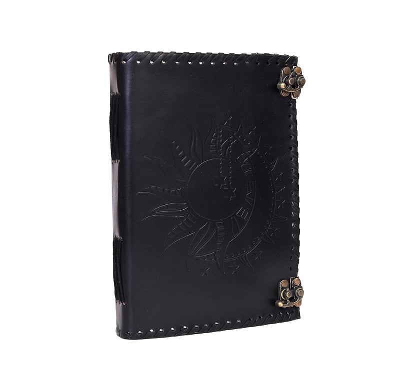 CREATIVE LEATHER ART Vintage Leather Journal with Sun & Moon Design – Handmade Lock Diary Notebook, 7 x 5 Inch Writing Journal, Rustic Travel Journal for Men & Women, Gift for Writers, Sketchbook, Gratitude Journal (Black, 10x7 Inch) - Image 1