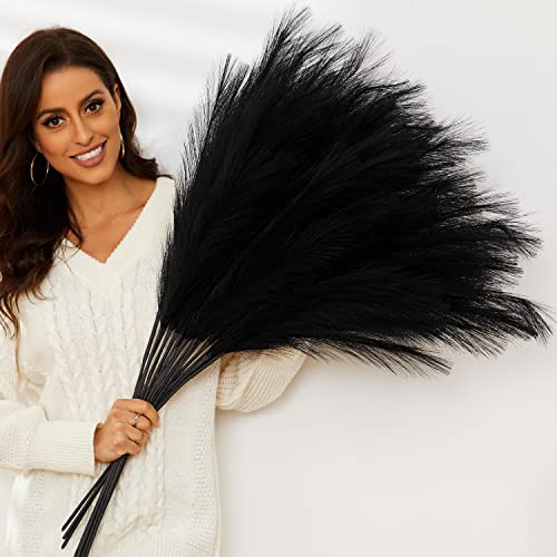 QUBITFUL Black Pampas Grass, 9 PCS 37''/3.1FT Tall Fluffy Fake Pompas Floral, Large Artificial Pompous Grass Branches for Floor Vase Fillers, Boho Farmhouse Room Wedding Decor (Black) - Image 1