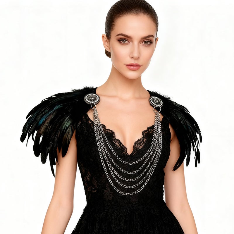 L'VOW Women Gothic Natural Feather Shoulder Shrug Cape Shawls with Chain Collar for Halloween Cosplay - Image 2