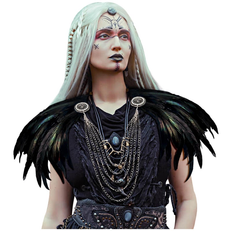 L'VOW Women Gothic Natural Feather Shoulder Shrug Cape Shawls with Chain Collar for Halloween Cosplay - Image 1
