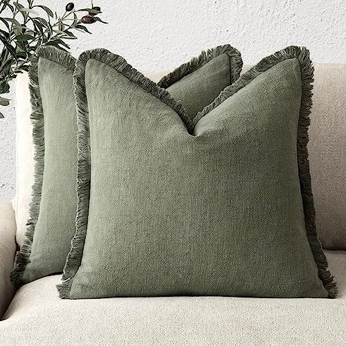 Foindtower Set of 2 Decorative Linen Fringe Throw Pillow Covers Cozy Boho Farmhouse Cushion Cover with Tassels Soft Accent Pillowcase for Couch Sofa Bed Living Room Home Decor 1616 Inch Olive Green - Image 1