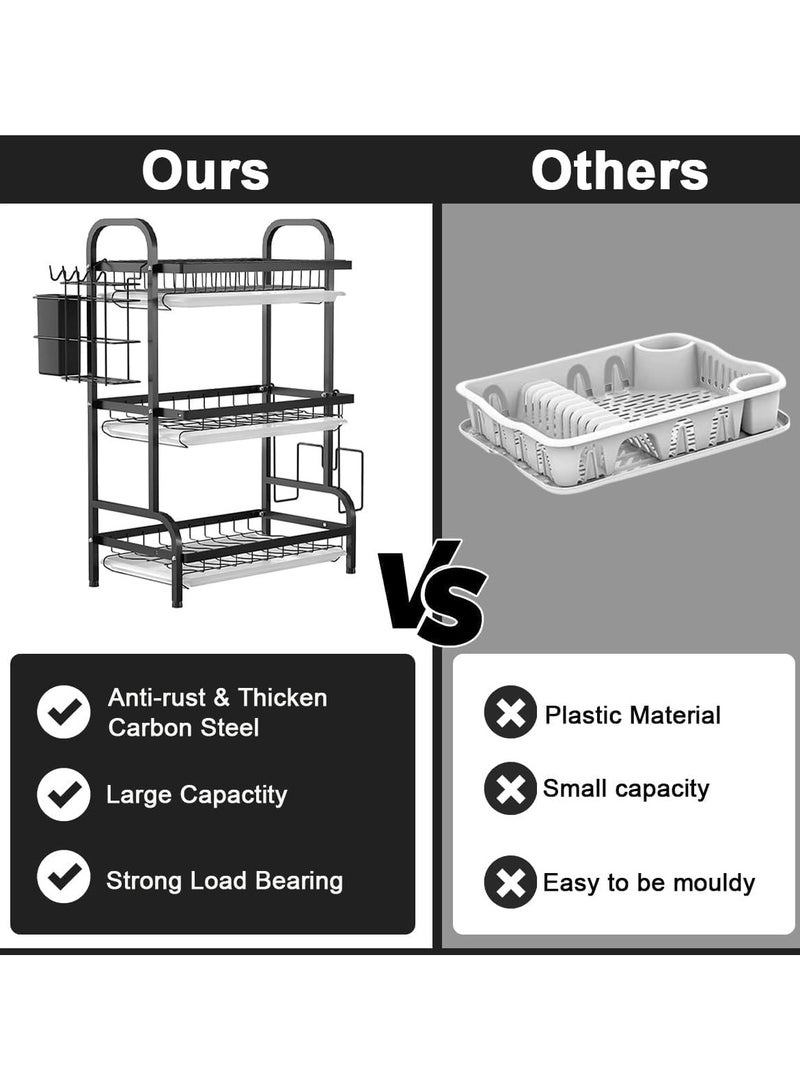 Scrolls 3 Tier Dish Rack Dish Drying Stand with Utensil & Cutting Board Holder Dish Drainer Kitchen Dish Dryer Dish Storage Organizer Large Capacity Knife Rack Black 61x42x23.5cm for Counter - Image 4