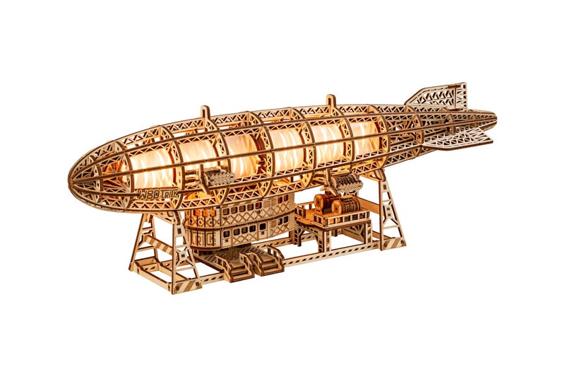 Wood Trick Luminous Zeppelin Dirigible LED 3D Wooden Puzzles for Adults to Build Moving Propellers Tail Includes Wall Mount Stand Engineering DIY Project Mechanical 3D Puzzle Model Kits - Image 3
