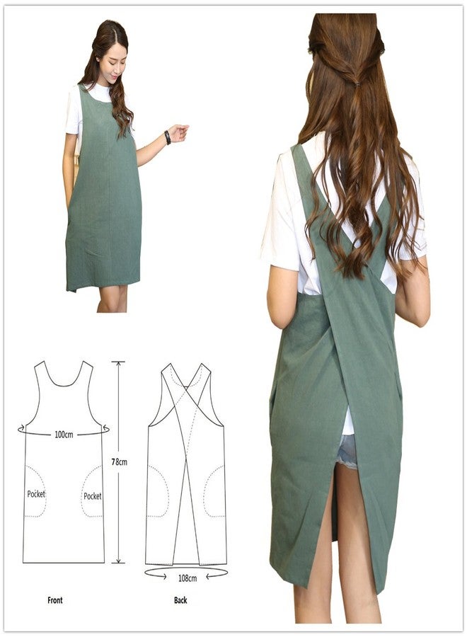 AOBBYBBS Soft Cotton Linen Apron Solid Color Halter Cross Bandage Aprons Japanese Style X Shape Kitchen Cooking Clothes Gift for Women Chef Housewarming (Army Green) - Image 2