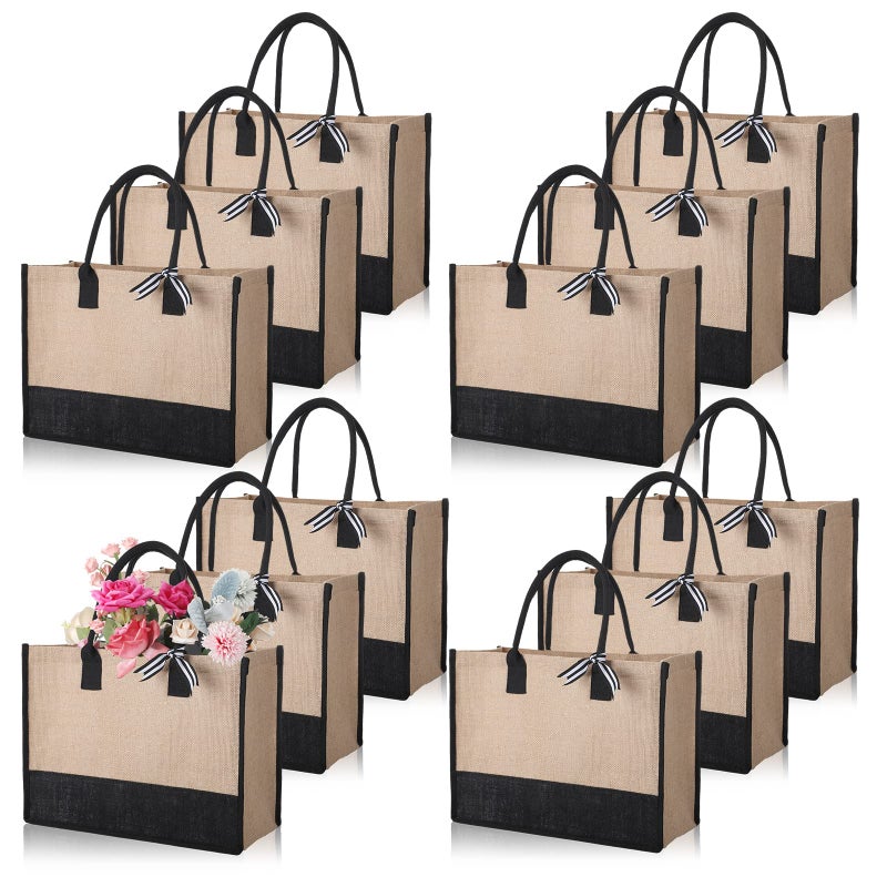 12 Pieces Burlap Tote Bags Set Jute Tote Bag with Handles Initial Canvas Beach Large Reusable Gift Bag for Women Shopping Market Grocery Holiday Travel DIY Bags