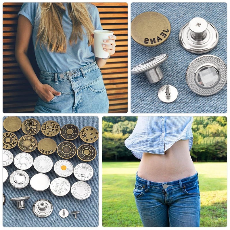 48 Metal Adjustable No Sew Jeans Buttons Silver Detachable Fasteners For Waistband Repair - Image 4