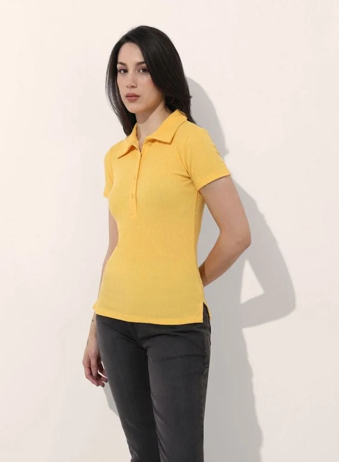 Women Regular Fit Solid Shirt Collar Short Sleeve Top