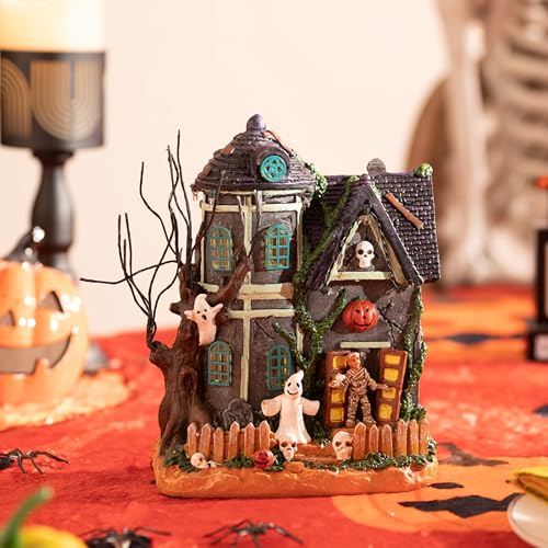 Valery Madelyn Halloween Decorations Lighted Halloween Village Houses with Music and LED Lights Resin Spooky Town Mummys Haunted House for Home and Party Table Desk Mantel 8 Inch - Image 3
