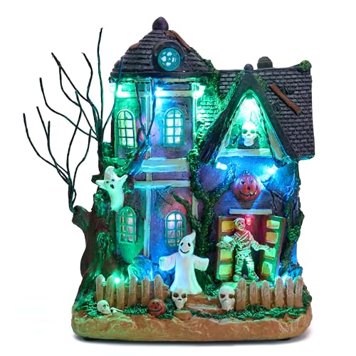 Valery Madelyn Halloween Decorations Lighted Halloween Village Houses with Music and LED Lights Resin Spooky Town Mummys Haunted House for Home and Party Table Desk Mantel 8 Inch - Image 1