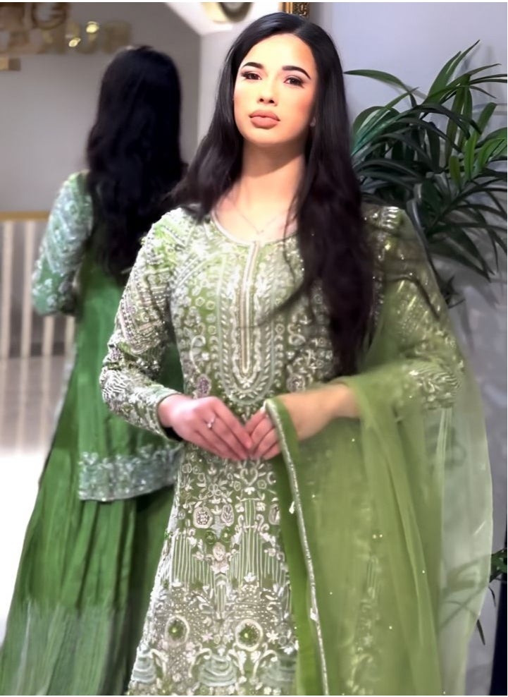 Generic Emerald Elegance: Exquisite Green Embroidered Sahara Dress for Luxurious Party Wear  - Image 2