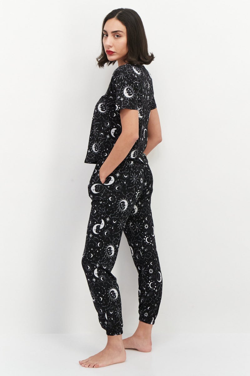 PJ Couture Women 2 Pieces Allover Print Pyjama Set, Black - Image 3