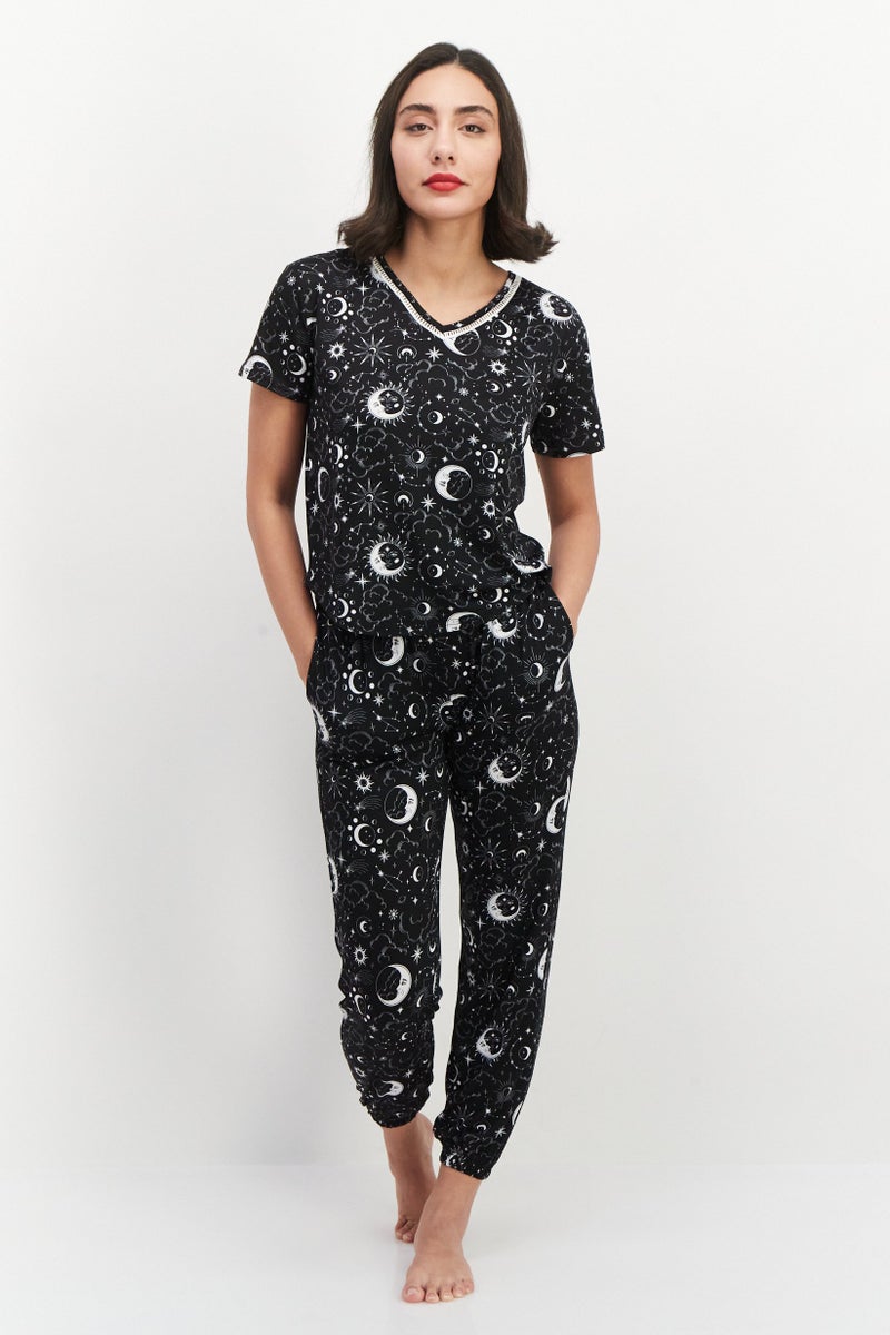 PJ Couture Women 2 Pieces Allover Print Pyjama Set, Black - Image 1
