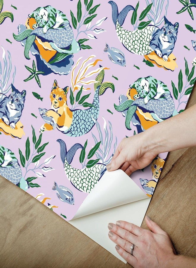 نو وولبيبر ورق جدران NuWallpaper x Printfresh Meowing Mermaids Lavender Peel and Stick، PFS6392 - Image 4